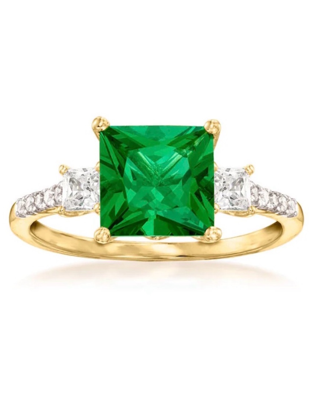 Simulated Emerald-Center Gold Ring with Clear Side Stones